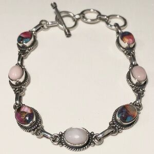 ♥️New Pink Oyster Copper Turquoise Gemstone Pink Opal Sterling Silver Bracelet♥️